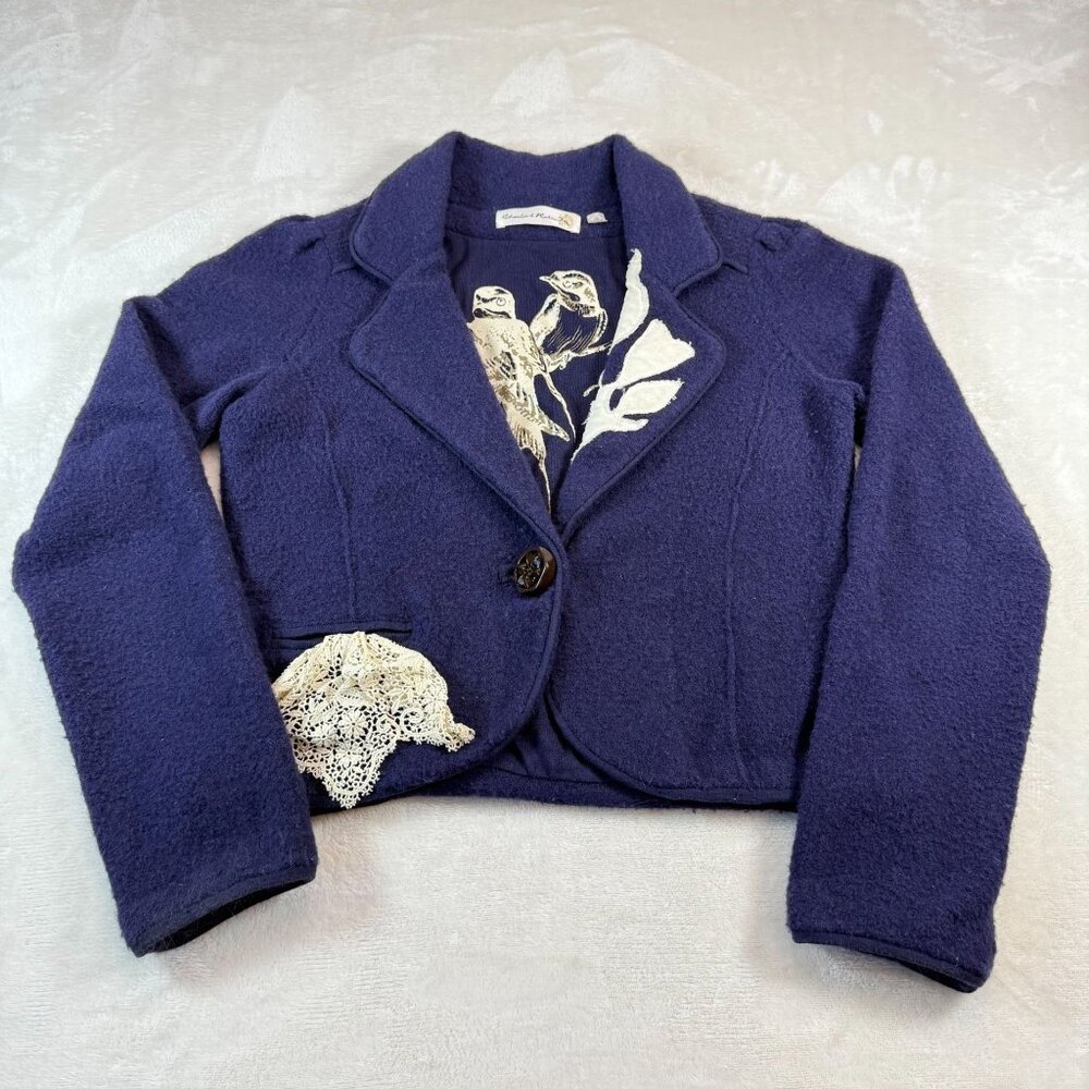 Charlie & Robin Anthropologie Boiled Wool Cardigan Blazer S Sweater Royal Blue B